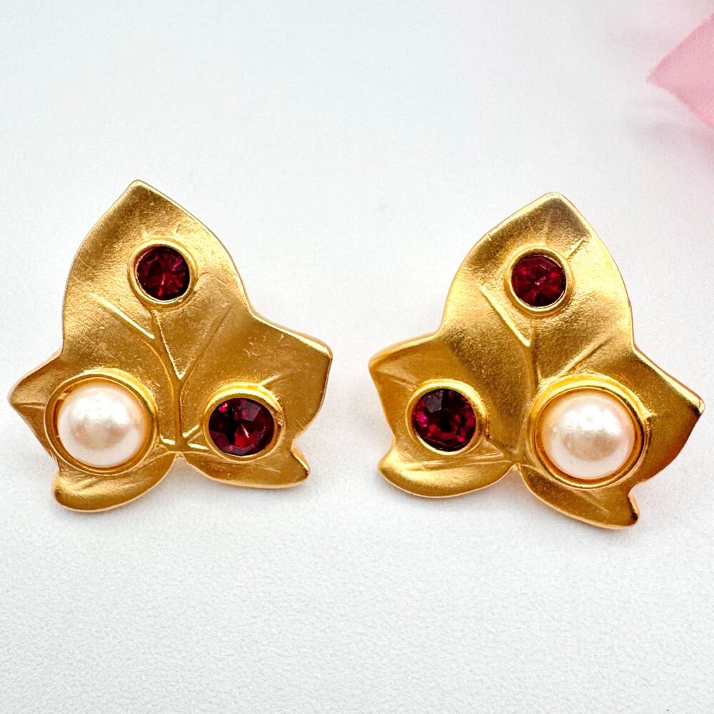 Vintage Marvella Maple Leaf Earrings Red Rhinestone Faux Pearl Matte Gold Tone